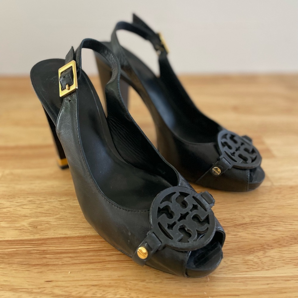 Tory Burch black peep toe heels size 7